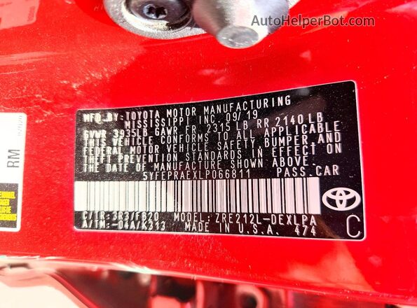 5YFEPRAEXLP066811 2020 TOYOTA COROLLA Red Widok naklejki z numerem VIN