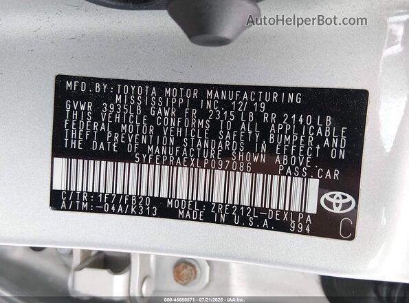 5YFEPRAEXLP097086 2020 TOYOTA COROLLA Silver Engine compartment view