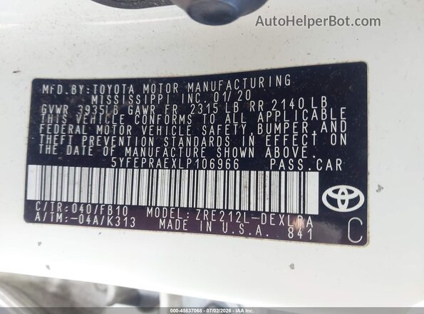 5YFEPRAEXLP106966 2020 TOYOTA COROLLA Белый Вид подкапотного пространства