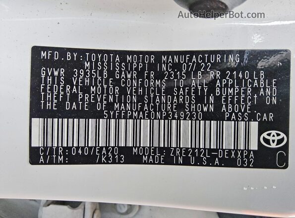 5YFFPMAE0NP349230 2022 TOYOTA COROLLA White Widok komory silnika