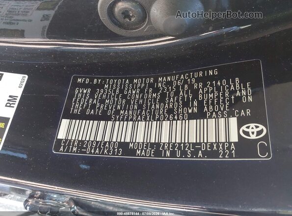 5YFFPRAEXLP026460 2020 TOYOTA COROLLA Black Engine compartment view