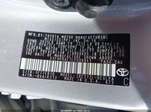 5YFHPRAE1LP008941 2020 TOYOTA COROLLA Silver Շարժիչի բաժամունքի տեսք