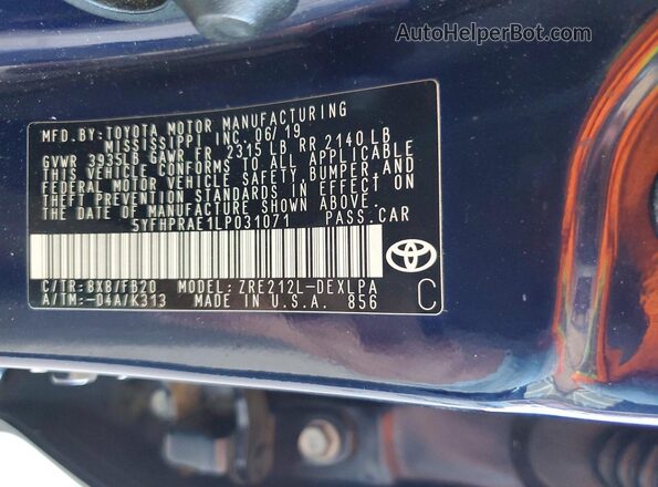 5YFHPRAE1LP031071 2020 TOYOTA COROLLA Blue Engine compartment view