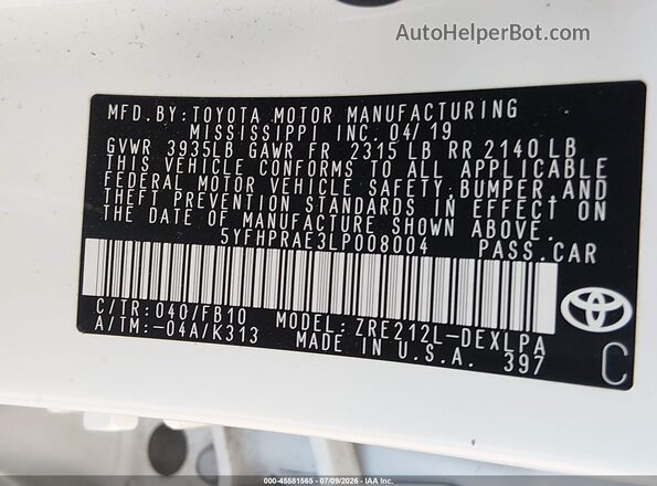 5YFHPRAE3LP008004 2020 TOYOTA COROLLA White Widok komory silnika