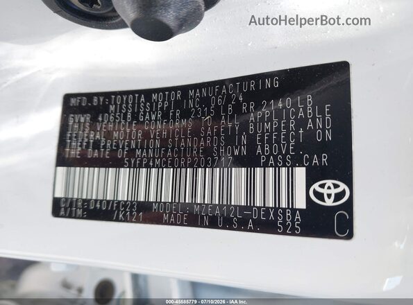 5YFP4MCE0RP203717 2024 TOYOTA COROLLA White Widok komory silnika