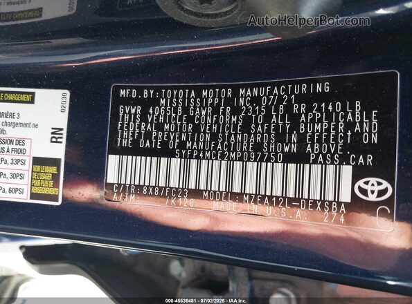 5YFP4MCE2MP097750 2021 TOYOTA COROLLA Blue Engine compartment view