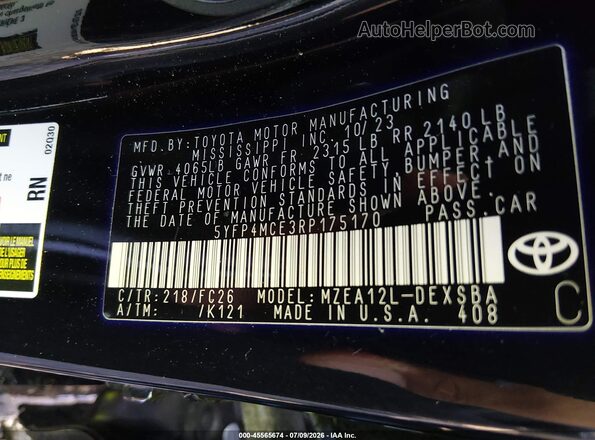 5YFP4MCE3RP175170 2024 TOYOTA COROLLA Black Engine compartment view