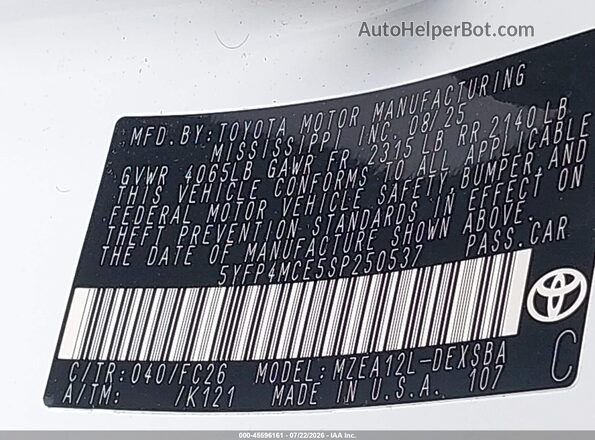 5YFP4MCE5SP250537 2025 TOYOTA COROLLA Белый Вид подкапотного пространства