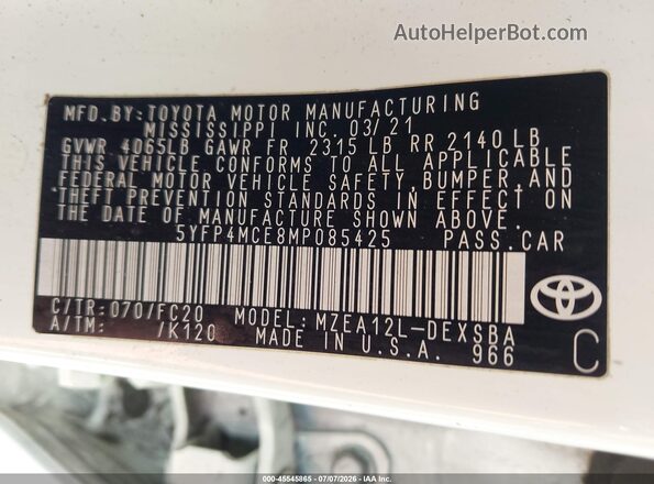 5YFP4MCE8MP085425 2021 TOYOTA COROLLA White Vista del compartimento del motor