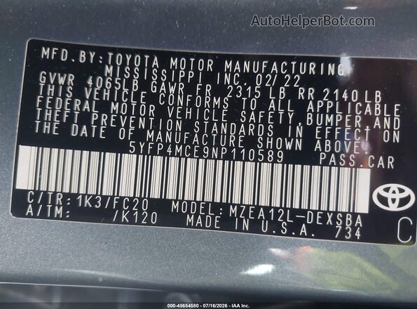 5YFP4MCE9NP110589 2022 TOYOTA COROLLA Light Blue Widok komory silnika