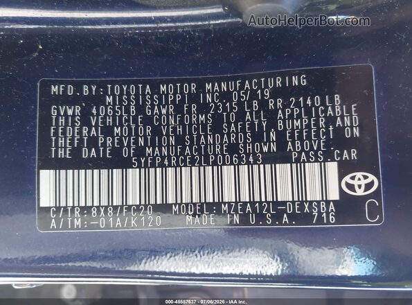 5YFP4RCE2LP006343 2020 TOYOTA COROLLA Dark Blue Շարժիչի բաժամունքի տեսք