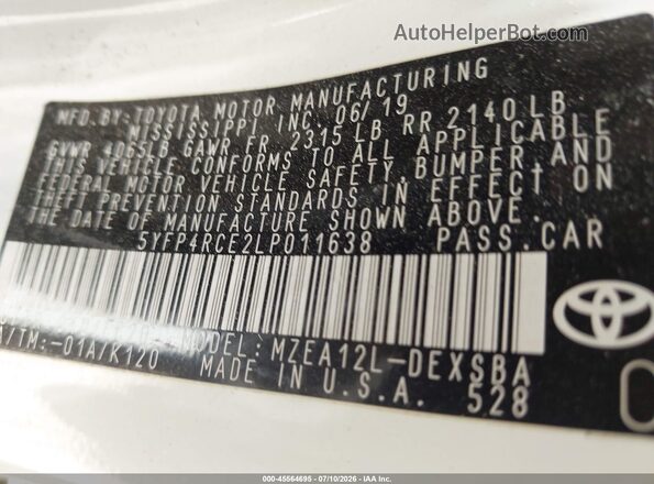 5YFP4RCE2LP011638 2020 TOYOTA COROLLA White Widok komory silnika