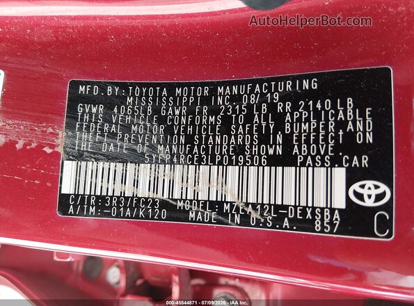 5YFP4RCE3LP019506 2020 TOYOTA COROLLA Red Շարժիչի բաժամունքի տեսք