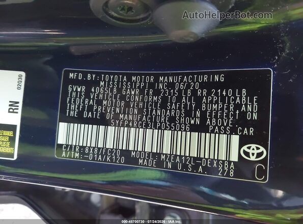 5YFP4RCE3LP055096 2020 TOYOTA COROLLA Black Widok komory silnika