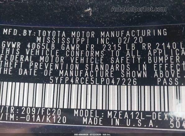5YFP4RCE5LP047226 2020 TOYOTA COROLLA Черный Вид подкапотного пространства