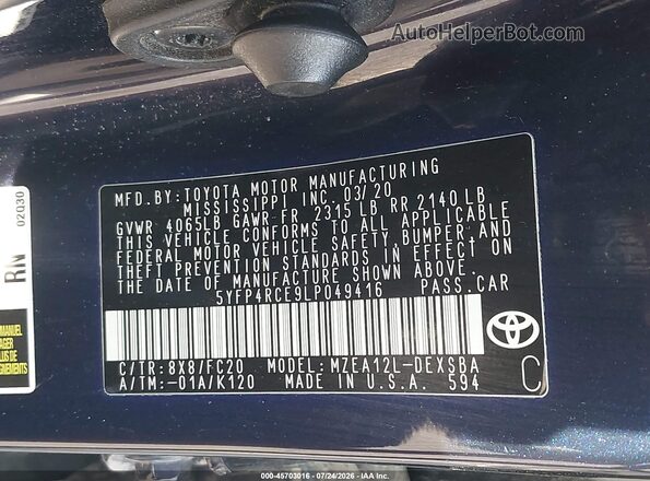5YFP4RCE9LP049416 2020 TOYOTA COROLLA Black Շարժիչի բաժամունքի տեսք