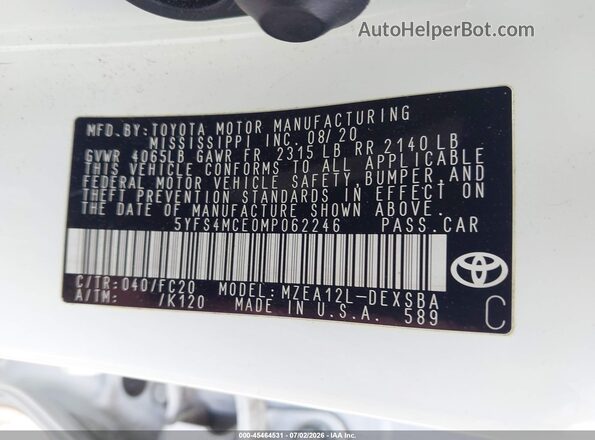 5YFS4MCE0MP062246 2021 TOYOTA COROLLA White ძრავის განყოფილების ხედი