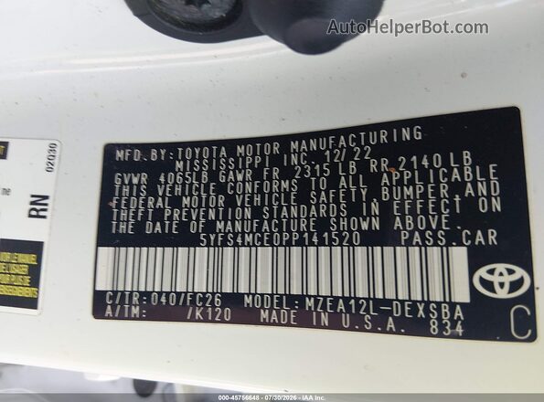 5YFS4MCE0PP141520 2023 TOYOTA COROLLA White Vista del compartimento del motor