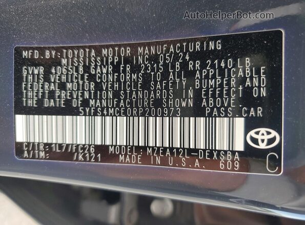 5YFS4MCE0RP200973 2024 TOYOTA COROLLA Серый Вид наклейки с VIN-кодом
