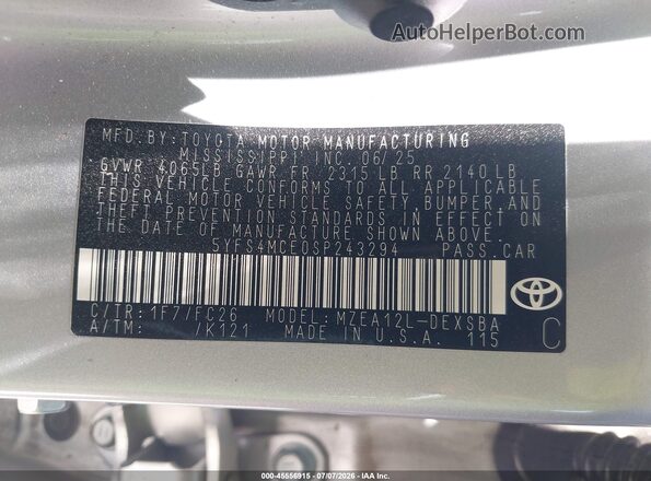 5YFS4MCE0SP243294 2025 TOYOTA COROLLA Silver Вид підкапотного простору