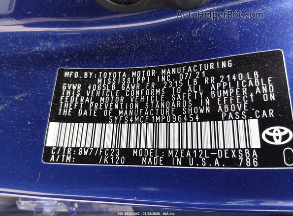 5YFS4MCE1MP096454 2021 TOYOTA COROLLA Blue Vista del compartimento del motor