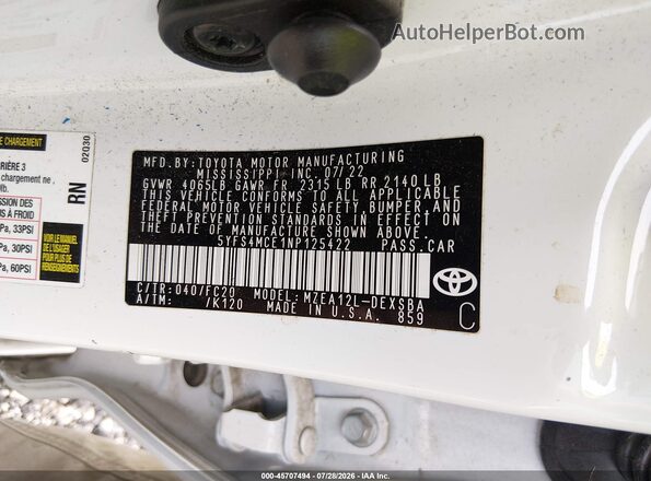 5YFS4MCE1NP125422 2022 TOYOTA COROLLA White ძრავის განყოფილების ხედი
