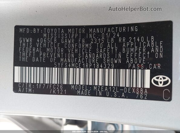 5YFS4MCE1RP184329 2024 TOYOTA COROLLA Silver ძრავის განყოფილების ხედი
