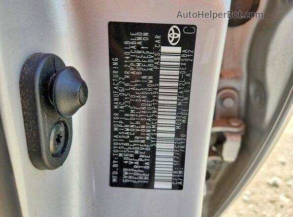 5YFS4MCE2NP121945 2022 TOYOTA COROLLA Серебряный Вид наклейки с VIN-кодом