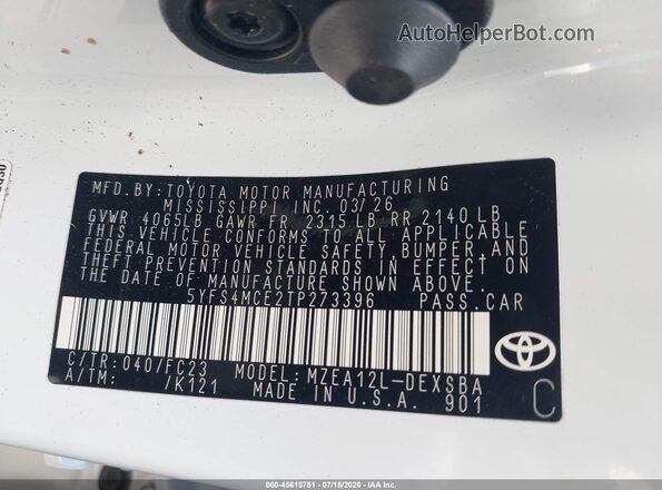 5YFS4MCE2TP273396 2026 TOYOTA COROLLA White Շարժիչի բաժամունքի տեսք