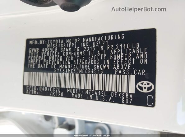 5YFS4MCE3MP084516 2021 TOYOTA COROLLA White Engine compartment view