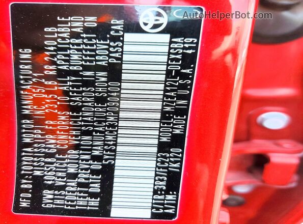 5YFS4MCE3MP090400 2021 TOYOTA COROLLA Red Вид підкапотного простору