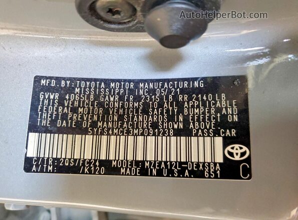 5YFS4MCE3MP091238 2021 TOYOTA COROLLA Gray ძრავის განყოფილების ხედი