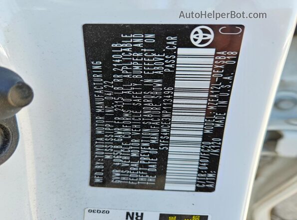 5YFS4MCE3NP113496 2022 TOYOTA COROLLA White Շարժիչի բաժամունքի տեսք