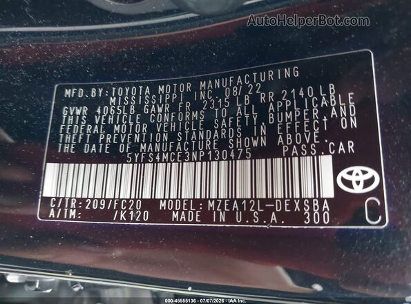 5YFS4MCE3NP130475 2022 TOYOTA COROLLA Black Вид підкапотного простору