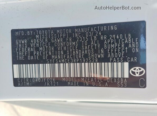 5YFS4MCE3RP192528 2024 TOYOTA COROLLA White Շարժիչի բաժամունքի տեսք