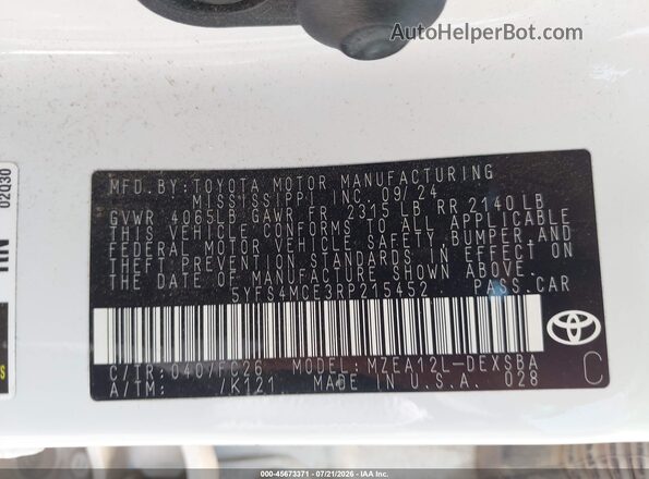5YFS4MCE3RP215452 2024 TOYOTA COROLLA White Вид підкапотного простору