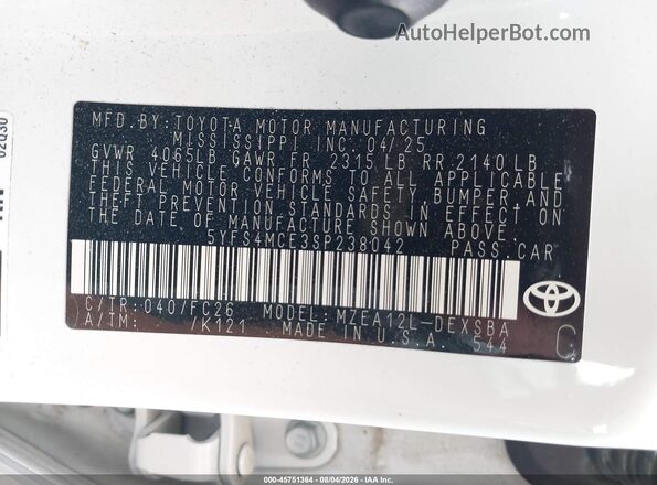 5YFS4MCE3SP238042 2025 TOYOTA COROLLA White ძრავის განყოფილების ხედი