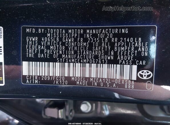 5YFS4MCE4MP067613 2021 TOYOTA COROLLA Black Вид підкапотного простору