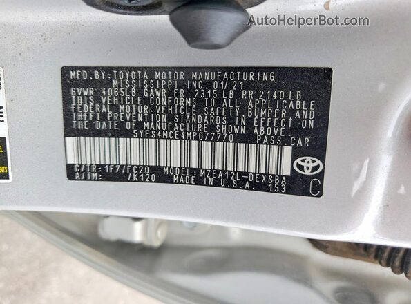 5YFS4MCE4MP077770 2021 TOYOTA COROLLA Silver Widok komory silnika