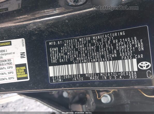 5YFS4MCE4MP084671 2021 TOYOTA COROLLA Black ძრავის განყოფილების ხედი