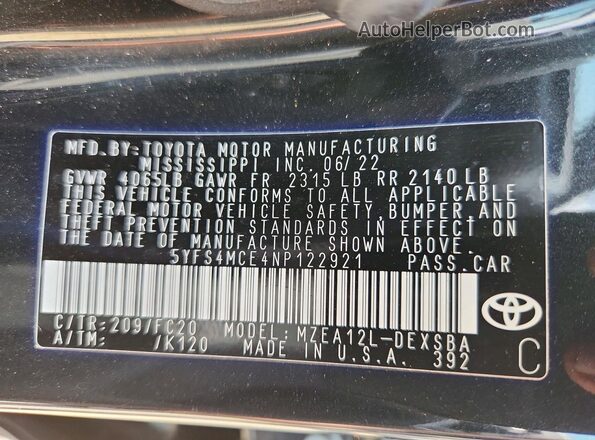 5YFS4MCE4NP122921 2022 TOYOTA COROLLA Black Widok komory silnika