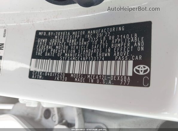 5YFS4MCE4NP133174 2022 TOYOTA COROLLA White ძრავის განყოფილების ხედი