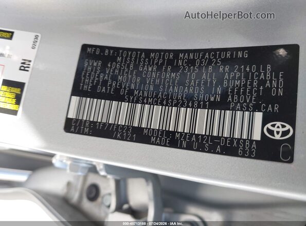 5YFS4MCE4SP234811 2025 TOYOTA COROLLA Silver Շարժիչի բաժամունքի տեսք