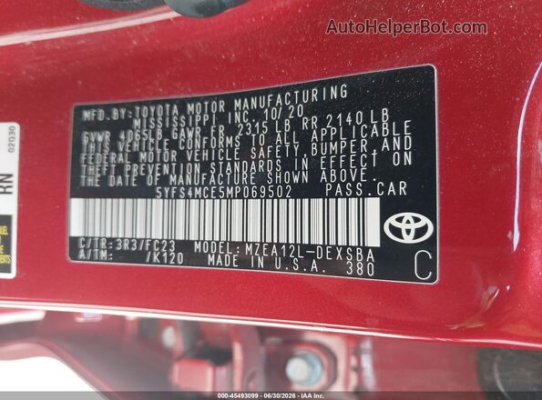 5YFS4MCE5MP069502 2021 TOYOTA COROLLA Red Vista del compartimento del motor