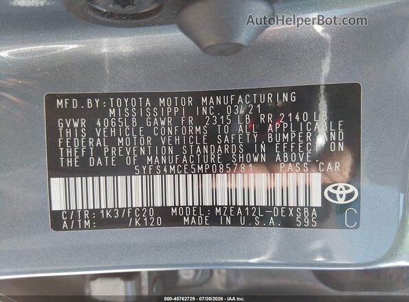 5YFS4MCE5MP085781 2021 TOYOTA COROLLA Серый Вид подкапотного пространства