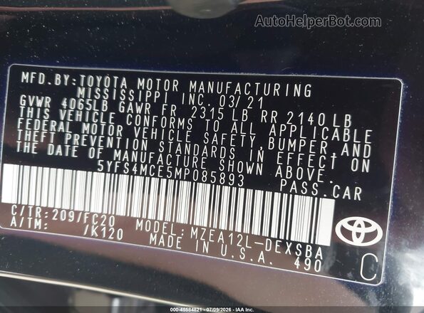 5YFS4MCE5MP085893 2021 TOYOTA COROLLA Black ძრავის განყოფილების ხედი