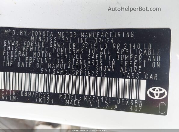 5YFS4MCE5RP187217 2024 TOYOTA COROLLA White ძრავის განყოფილების ხედი