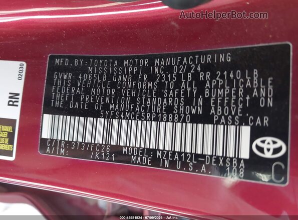 5YFS4MCE5RP188870 2024 TOYOTA COROLLA Maroon Vista del compartimento del motor