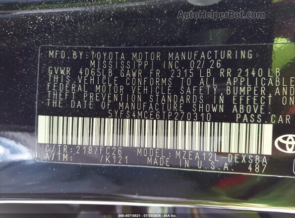 5YFS4MCE6TP270310 2026 TOYOTA COROLLA Black Widok komory silnika