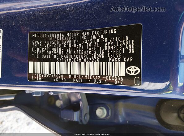 5YFS4MCE7MP067296 2021 TOYOTA COROLLA Blue Widok komory silnika